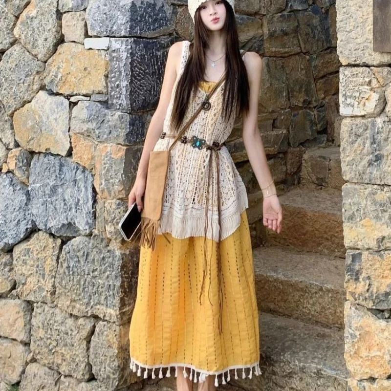 

Костюм в богемном стиле в праздничном стиле, корейский стиль, платье на подтяжках с кисточками, многослойный полый кардиган, женский летний