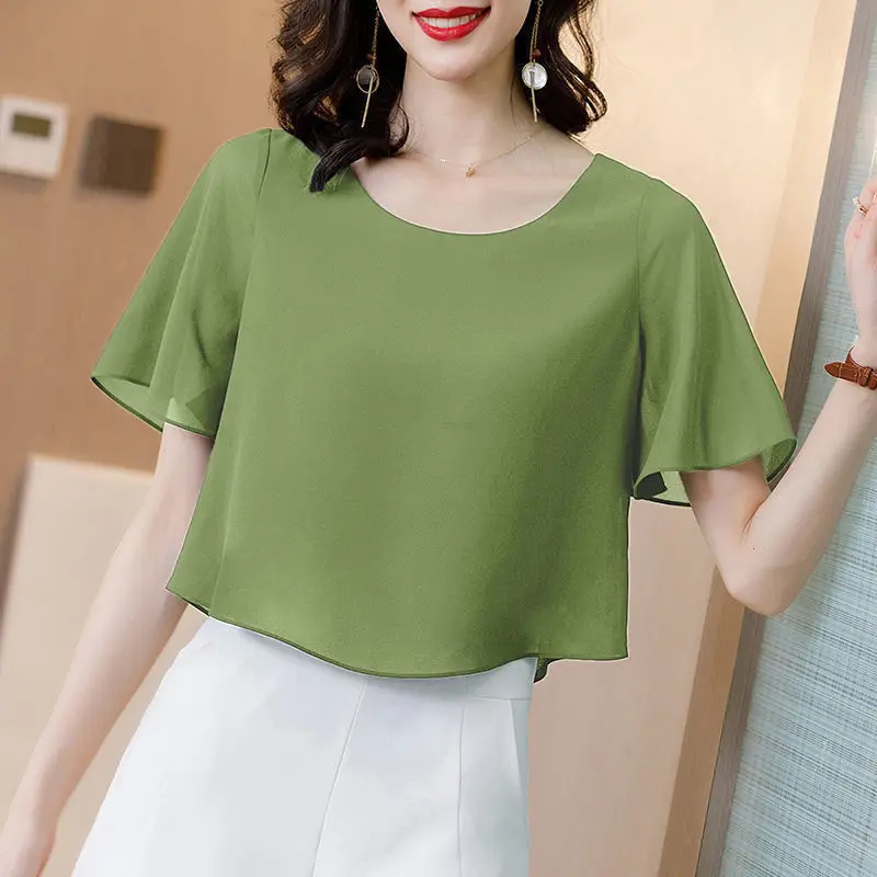 Women\'s Solid Color Short Sleeve Chiffon Shirt 2024 Summer Fashionable Commute Spliced Fake Two Pieces Loose Round Neck Blouses