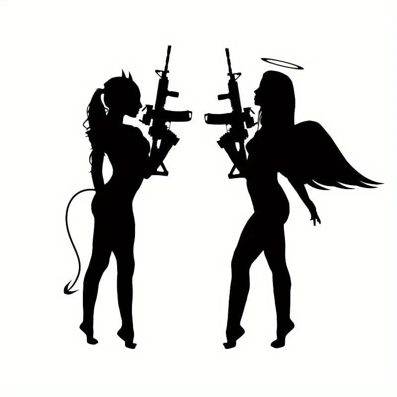 1PC Awesome Angel - Devil Duel Silhouette Sticker, Wonderful for Phone Cases, Bringing a Touch of Rebellious Gun - Toting Style