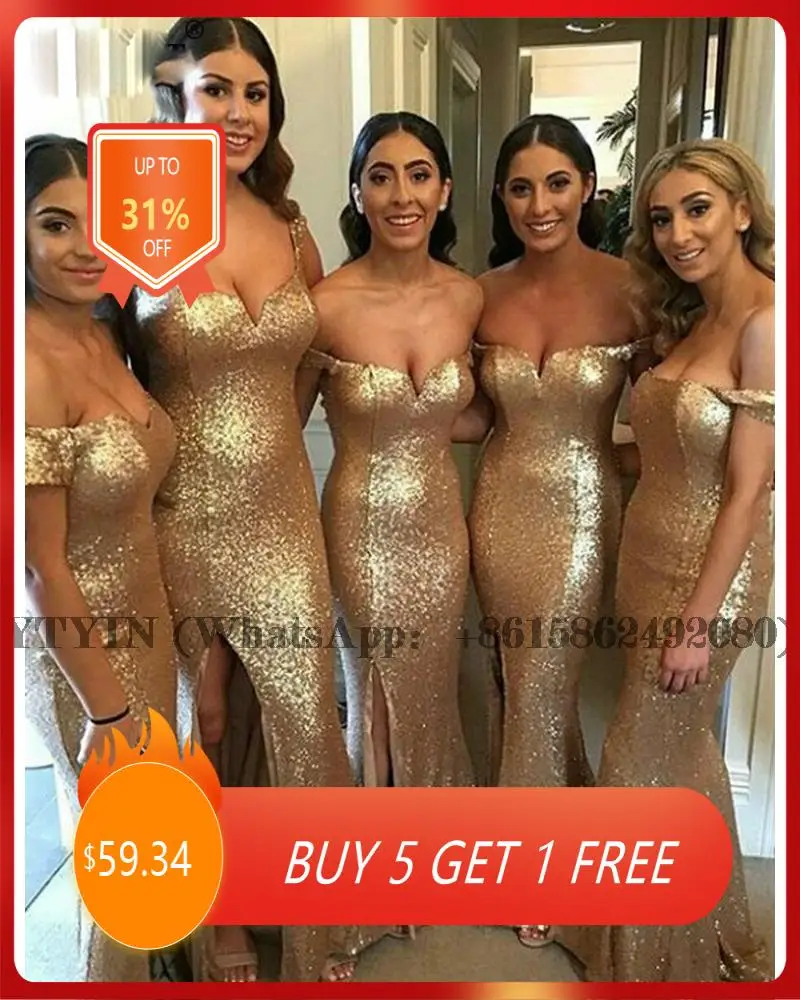 Gold Sequin Mermaid Bridesmaid Dresses Slit African Black Girls Vestidos Damas De Honor Boda Customized