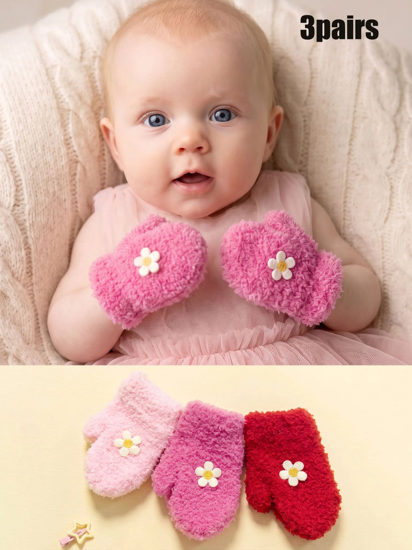 3Pairs Baby Girls Plush Knit Mittens 3-12M, Embroidered Flower Candy Color Thick Full Finger Toddler Winter Hand Mitts