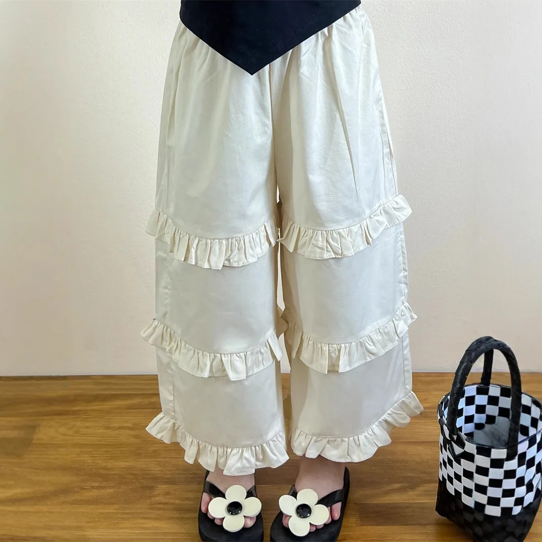 

Girls' Summer Mori Lace Wide-leg Pants Nine-point Pants Ruffle Culottes Fashion Casual Baby All-match Pants