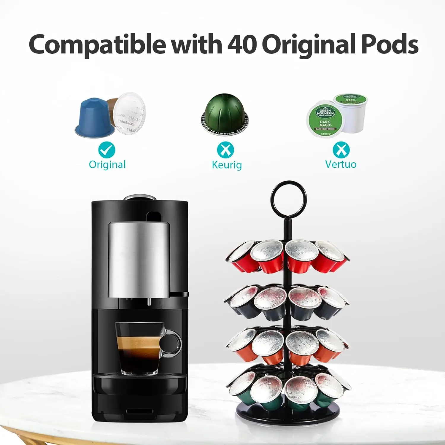 Coffee Pod 40 Nespresso OriginalLine Pods Holder Organizer for Counter Coffee Station Storage Rotatable Coffee Capsules Holder