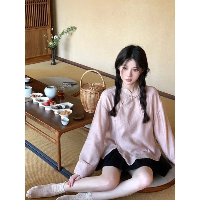 Modern Pink Stand Collar Button Tang Suit Top Traditional Chinese Clothing for Women Autumn Sweet Long Sleeve Shirt Plus Size