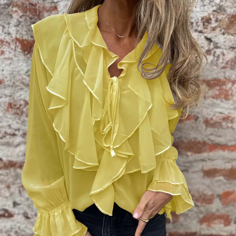 Women Elegant V Neck Lace Up Commuter Top Casual Streetwear Solid Color Ruffle Blouses Flare Sleeve Loose Autumn Chiffon Shirt