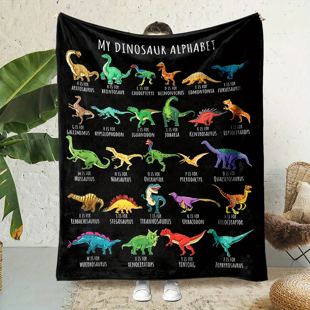 

1pc Dinosaur Alphabet Educational Reversible Flannel Fleece Throw Blanket - Country-Rustic Style, Cartoon Dinosaur Print,
