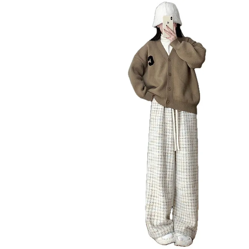 Cintura alta solta ajuste xadrez velo forrado calças de perna larga feminino casual estilo confortável outono inverno nova chegada