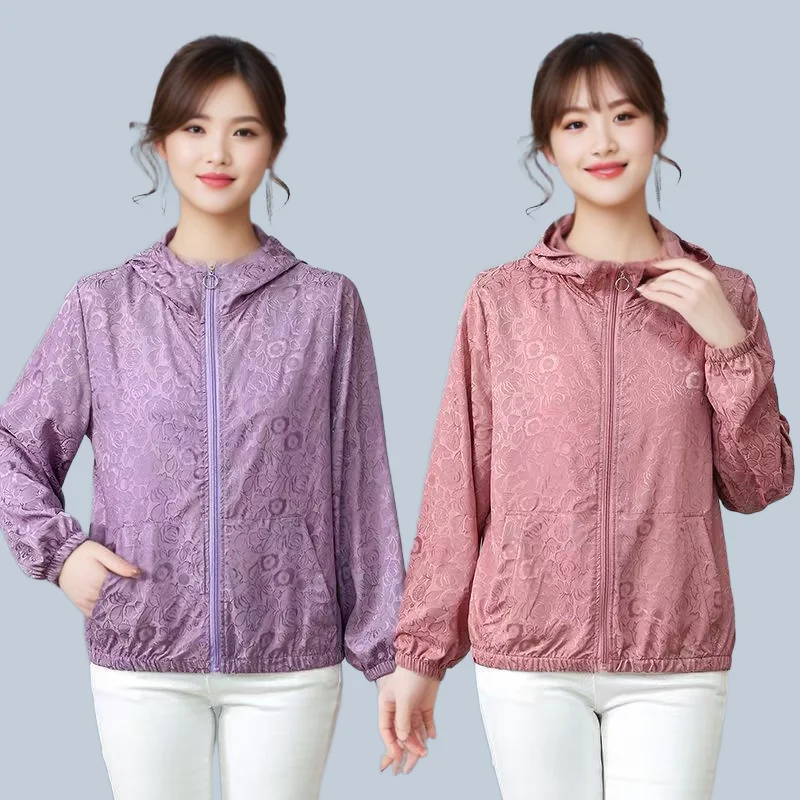 

Hooded Sunscreen Jacket Women Summer New Breathable Sun Protection Clothing Coat Ladies Thin Cardigan Outwear Jacquard Outerwear