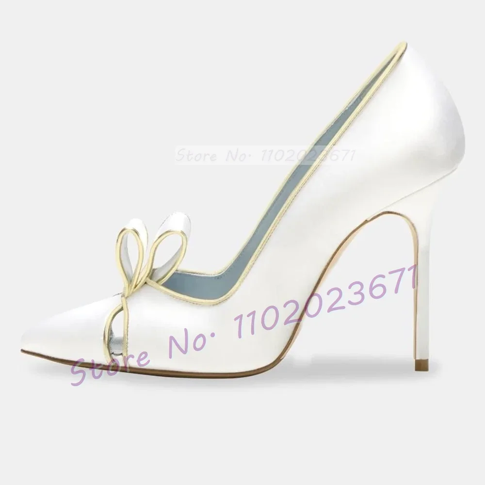 

White Satin Wedding Pumps Women Elegant Butterfly-knot Pointy Toe Dress Shoe Ladies Big Size Stylish Hollow Out New High Heels
