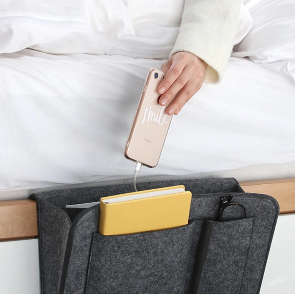 

Bedside Storage Bag Hanging Organizer for Remote Phone Glasses Black Mattress Save Space Bedroom Nightstand Pocket