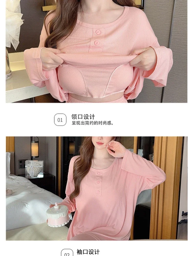 M-5XL Plus Size Modal Cozy Pajamas for Women Chest Pads Spring Loungewear Large Size Long-sleeved Loose Homesuit Outside Wear