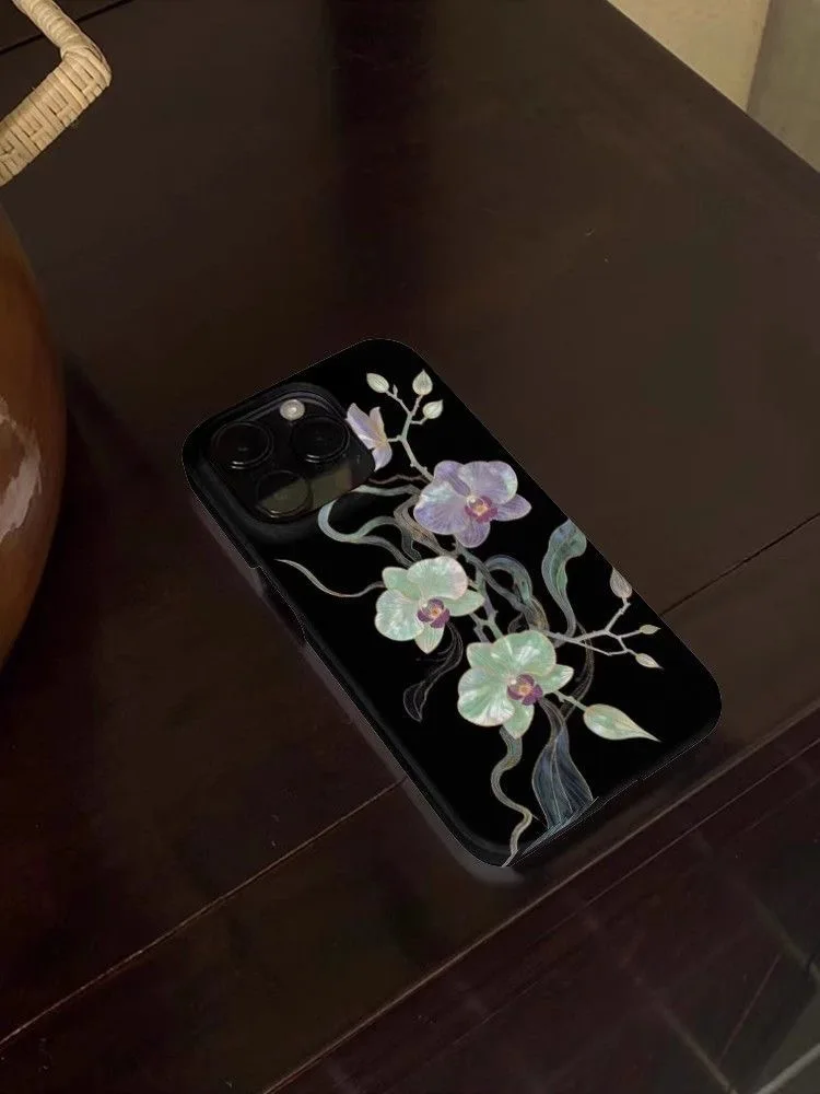 أنيقة نمط الأوركيد خلفية سوداء الفنية قضية الهاتف آيفون 17 16 15 14 11 12 13 برو ماكس الهواء زائد الغطاء الخلفي #2