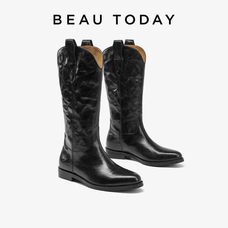 BEAUTODAY Western Boots Women Genuine Calfskin Leather Pointed Toe Solid Color Slip-on Mid-Calf Ladies Boots Handmade 06054