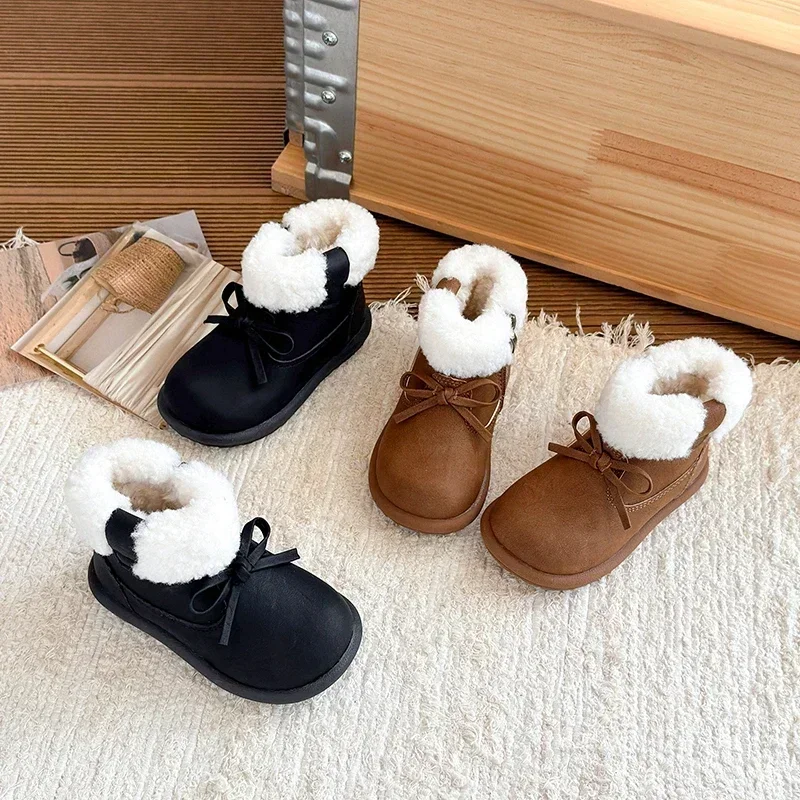 Girls Winter Fleece Lined Snow Ankle Boots Cute Bow Decor Furry Cuff Short Boots Side Zipper Warm Anti Slip Flat Casual Footwear