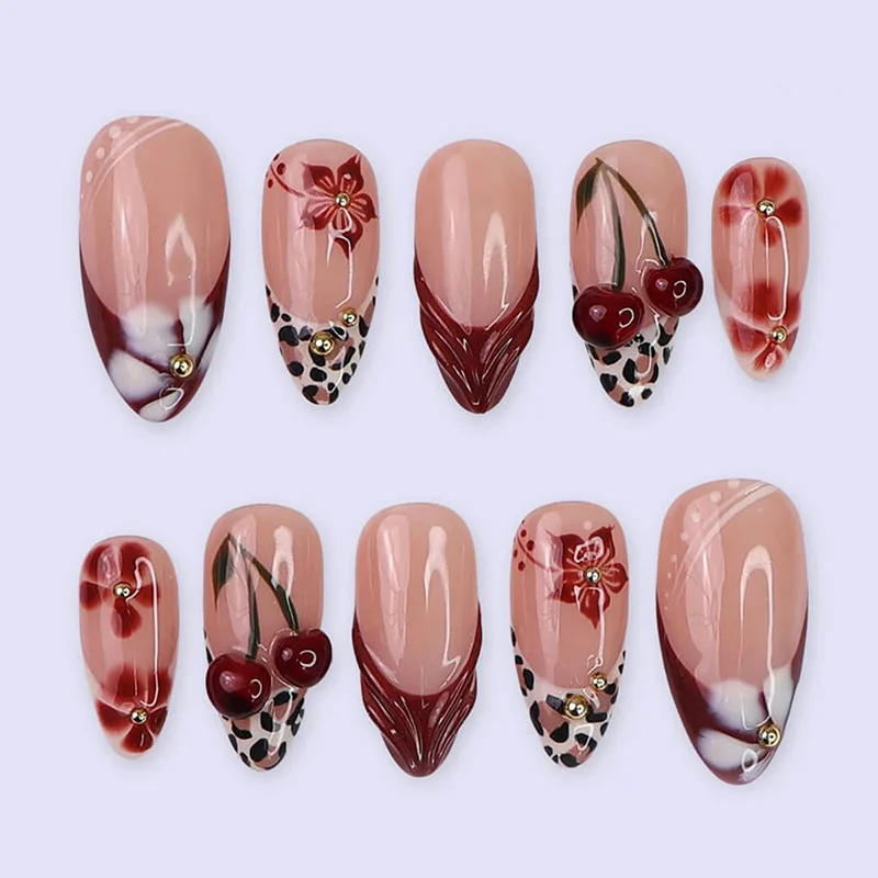 24PCS Autumn Press on Nails 3D Cherry Retro Flowers with Leopard Print French False Nails for Women Wearable Nails Manicure Set