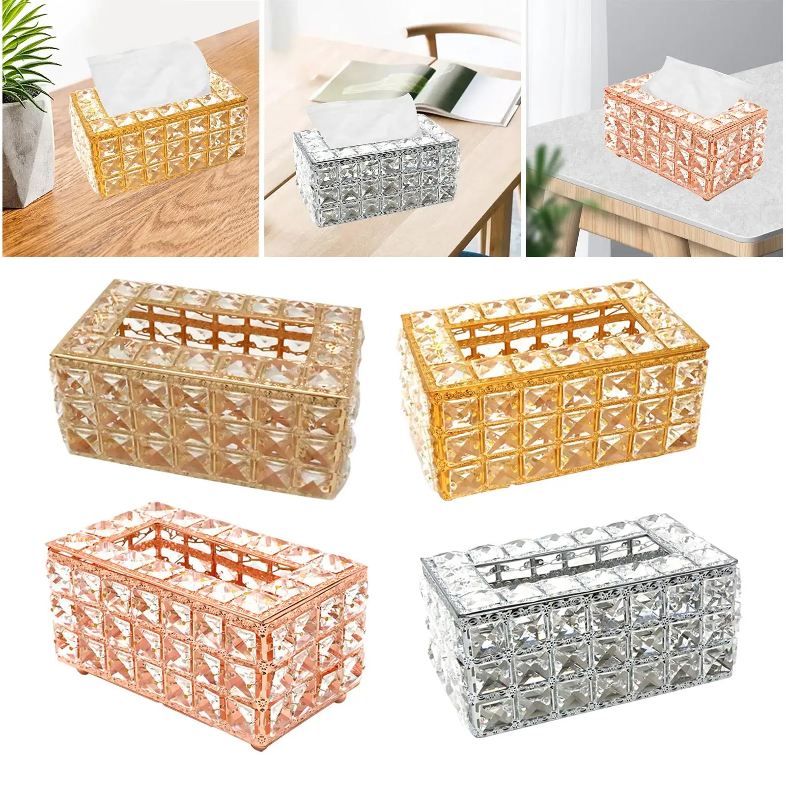 Bling Crystal Facial Tissue Box Cover Elegant Napkin Holder Case Organizer