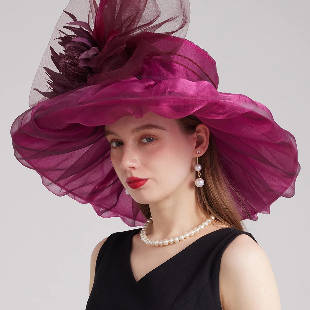 FS Purple Red Luxury Fascinators Hats Flower Church Hats For Women Elegant Organza Wedding Kentucky Derby Cap Chapeau Femme 2024