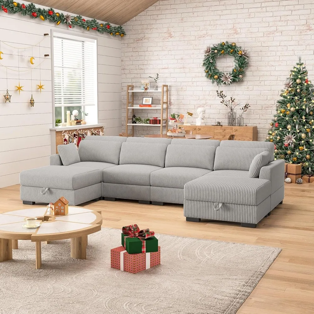 Living Room Sofa, with 2 Ottoman,Corduroy Couch with 6 Pillows,Oversized U Shaped Modular Sectional Sofas ,6 Seater Sofa