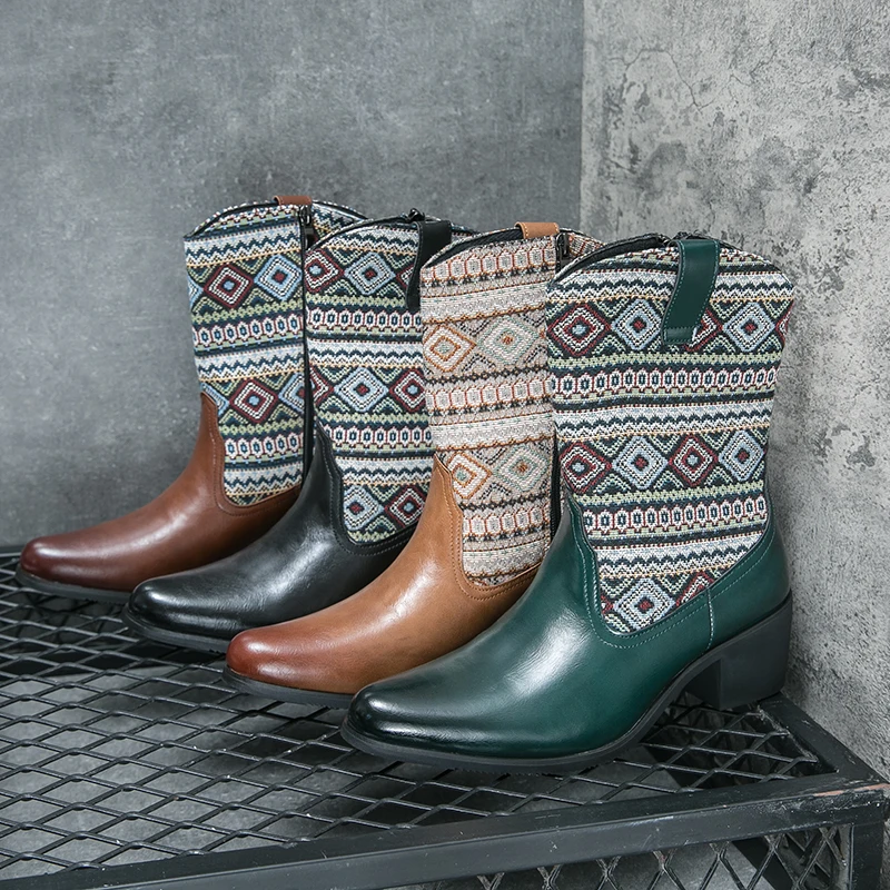 

New Design Ethnic Long Boots Ink Green Men's Fashion High-top Chelsea Boots ZIP Boots Men Business Boots Motorcycle Boots Brown