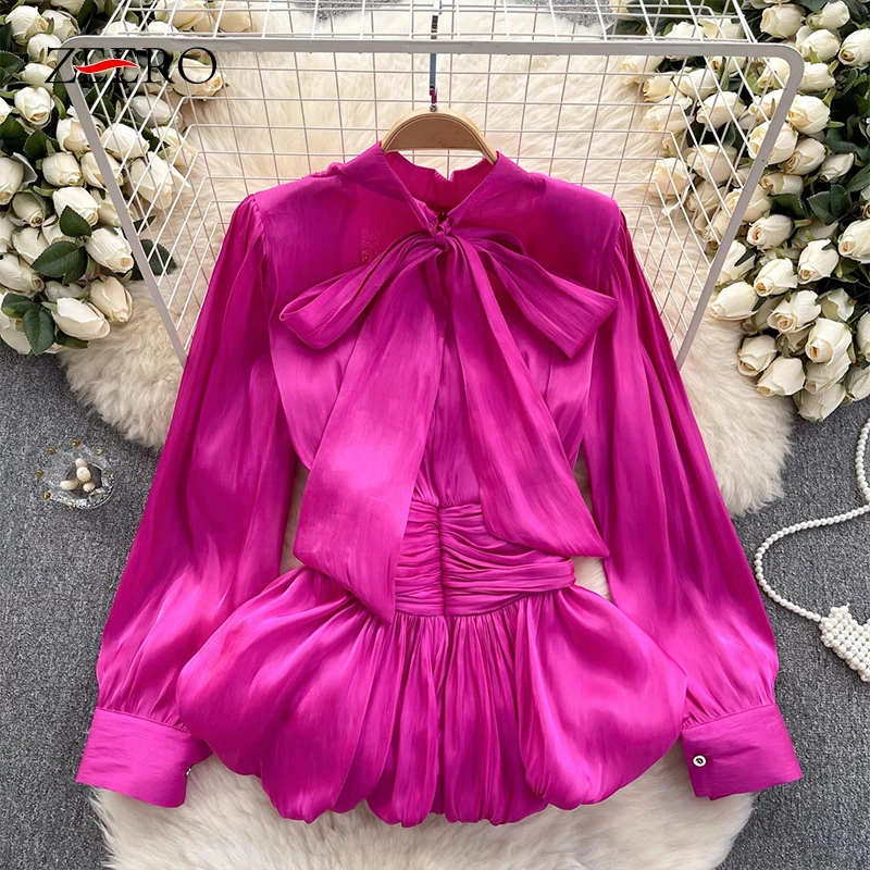 

Spring Vintage Slim Waist Long Sleeve Lace Up Blouses Elegant Women Bow Neck Chiffon Blouse Y2k Black White Top Blusas Mujer