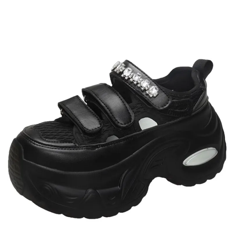 

Дышащая женская обувь для папы со стразами и полой сеткой, летние легкие повседневные спортивные сандалии на толстой подошве, увеличивающие рост