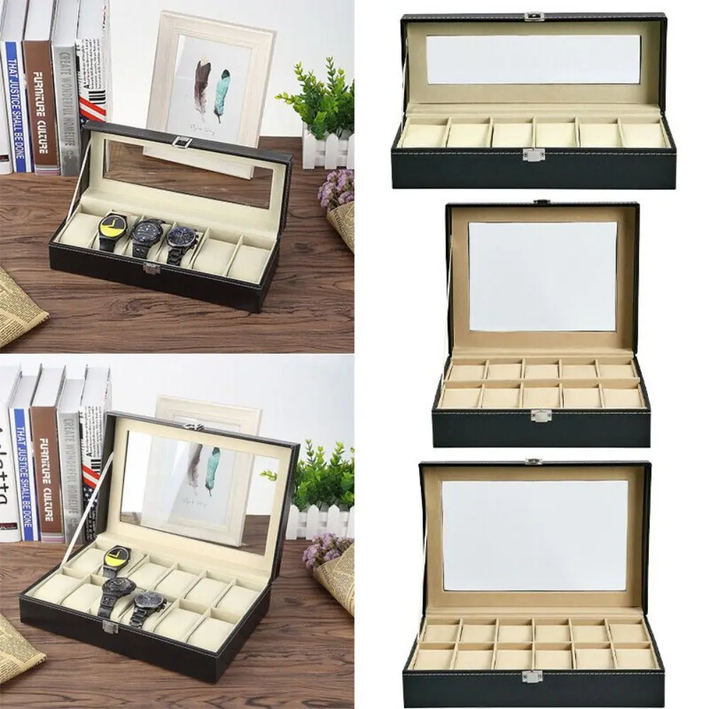 

Mens 6 10 12 Grids PU Leather Watch Display Case Collection Storage Holder Box