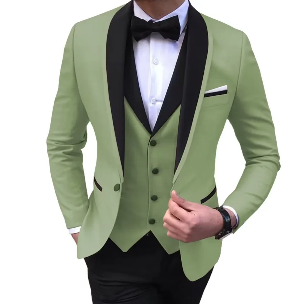 Conjunto masculino casual slim fit smoking de 3 peças – terno formal de negócios de cor sólida com lapela xale blazer de um botão colete calças