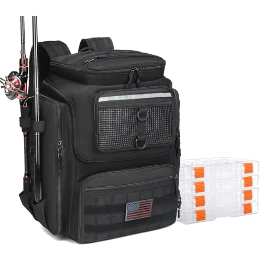 

Fishing Backpack with Rod Holders 40L Tackle Box Backpack for Fishing Gear Waterproof Fishing Bag for Men in Black Durable and