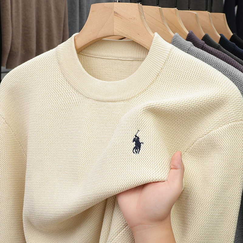 

2025 Paul Waffle Round Neck Knitted Sweater Men's Long Sleeved Base Sweater Versatile High-end Sweater Elastic Sweater Style