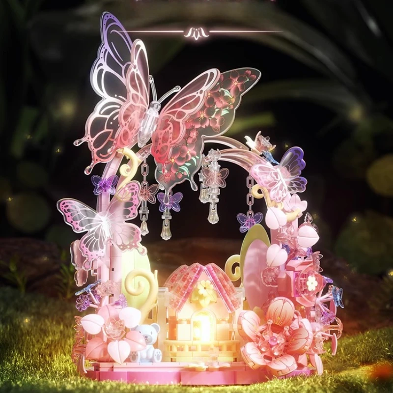 مكعبات بناء مجتمع ضوء القمر بيت شجرة ساكورا DIY لعبة تجميع إبداعية هدية عيد ميلاد حالمة للفتيات