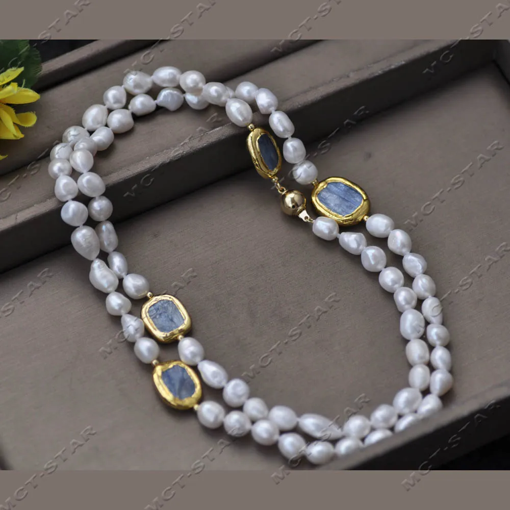 

Z14322 34" 22mm White Baroque Freshwater Pearl Gilding Blue Crystal Coin Necklace