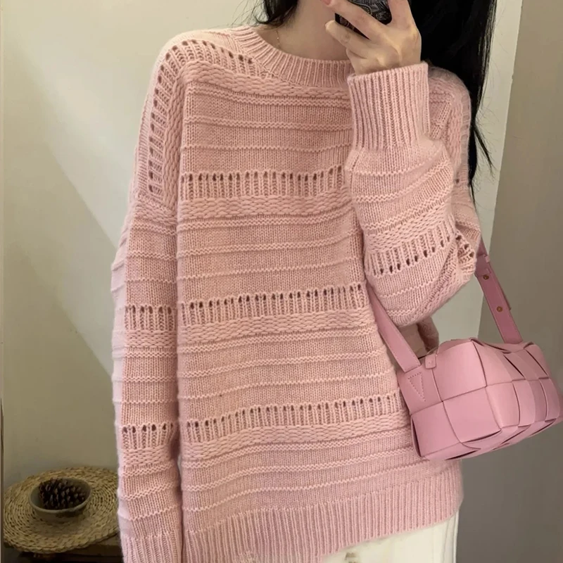 

100% Merino Wool Pullover Women Luxury Solid Color O-Neck Hollow-out Knit Autumn Winter Clothing Skin Friendly Soft Warrm Top