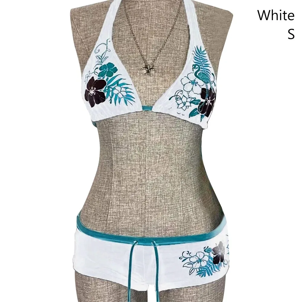 

Fashion Vintage Bikini Set Flower Print Adjustable Halter Strap Swimwear Low Waist Sexy Bathing Suit Woman