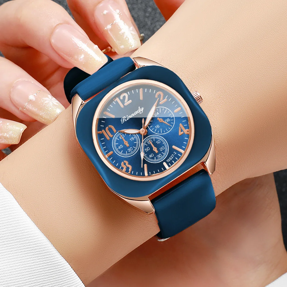 Simple Square Women Watch Blue Silicone Strap Decorative Three Dials Sports Wristwatches Relogio Feminino（Without Box）