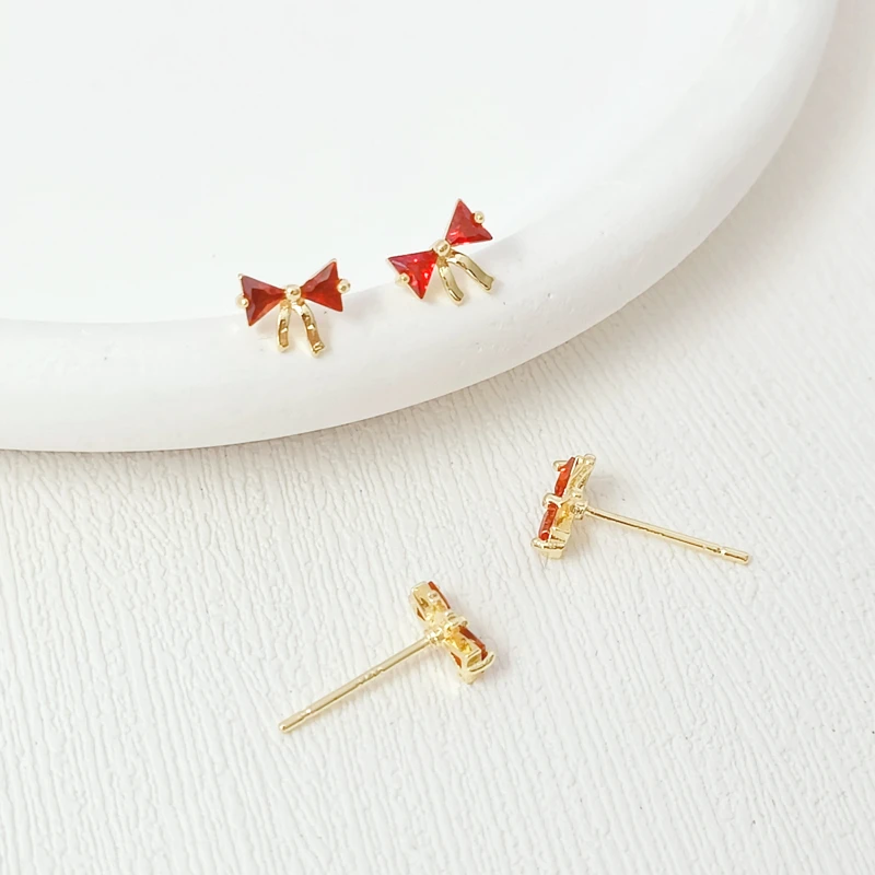2 Pair 14K Copper Clad Gold Inlaid with Zircon Exquisite Small Bow S925 Earrings Handmade DIY Ear Jewelry Accessory Materials