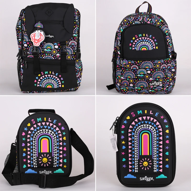 Australian Smiggle Black Colorful Backpack Student Load Reduction Large Capacity Ultra Light Double Zipper Backpack Pen Box Set