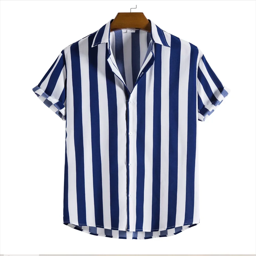 2024 men\'s shirt button shirt summer shirt 8 color short -sleeved striped striped lapel fashion Hawaiian casual beach shirt