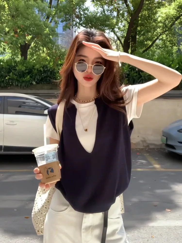 

Модный вязаный комплект из двух предметов: топ и футболка для женщин, летняя новинка, универсальный, в корейском стиле, облегающий, базовый