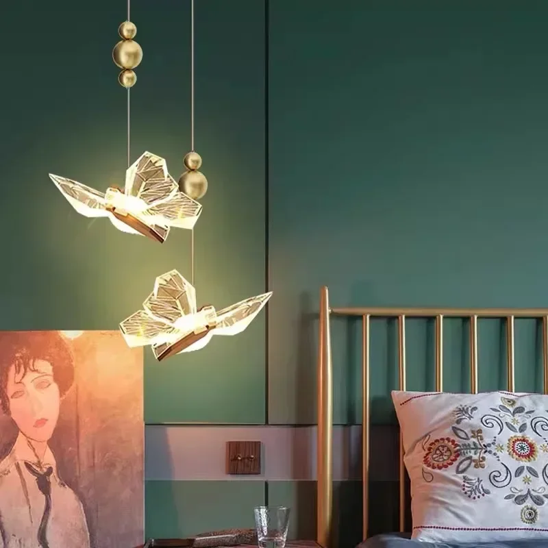 

MTY Nordic light luxury creative bedroom bar bedside entrance chandelier colorful butterfly warm long line small chandelier