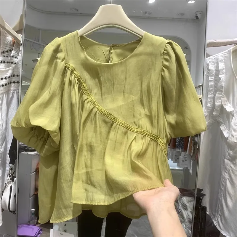 

Casual Loose Lace Splice ort Sve irt Men Women Summer Design Sense Faionable Belly Covering Top round Ne Pure Color