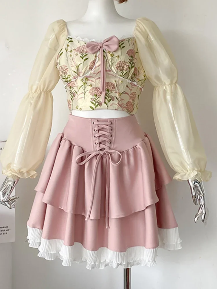 

Sweet Lolita Pink Mini Skirt Women High Waist Lace Up Vintage Ruffle Tiered Skirt Hotsweet Soft Sister Pleated Skirt Y2k Buttock