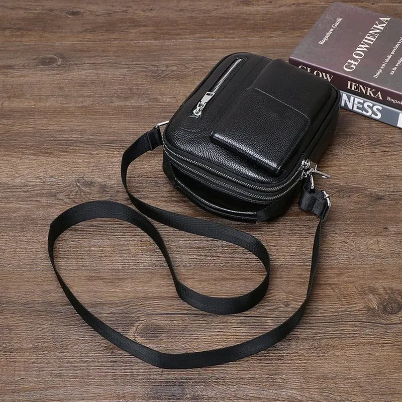 Black Genuine Leather Crossbody Bag for Men Vertical Business Shoulder Pack with Front Flap Pocket and Zipper Travel Handbag