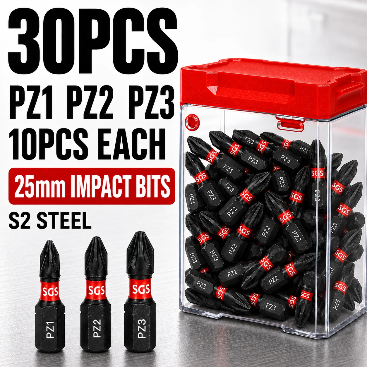 30-piece set of 25mm S2 steel impact-resistant screwdriver bits, available in PH Phillips cross-type PH1 PH2 PH3 or PZ Pozidriv star-type PZ1 PZ2 PZ, 0.15kg types of sets available, 1/ 4inch hexagonal shank, comes with