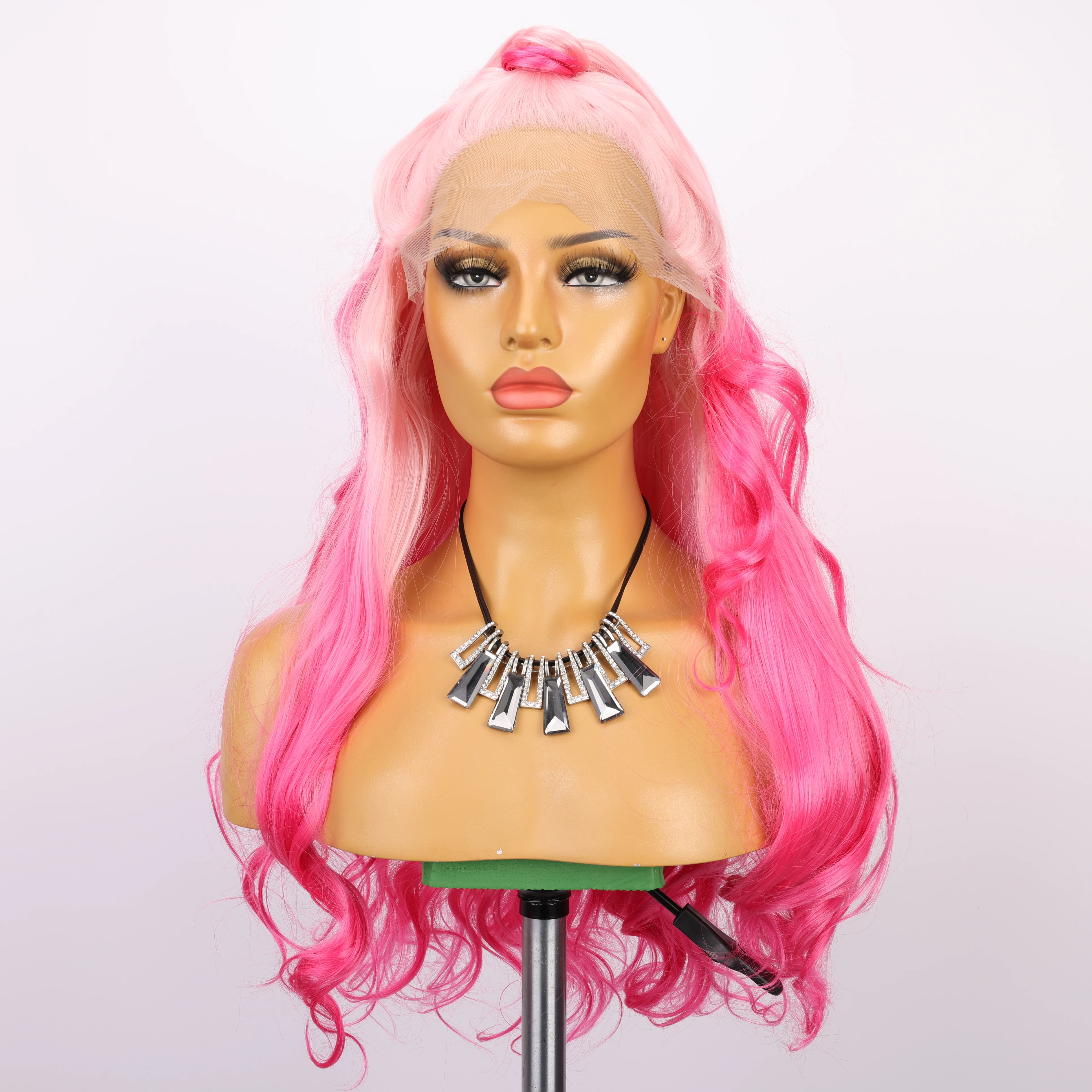 Synthetic Front Lace Wig Women's Body Wave Wig Pink Gradient Long Heat Resistant Hair Daily Use Cosplay Front Lace Mesh Cap