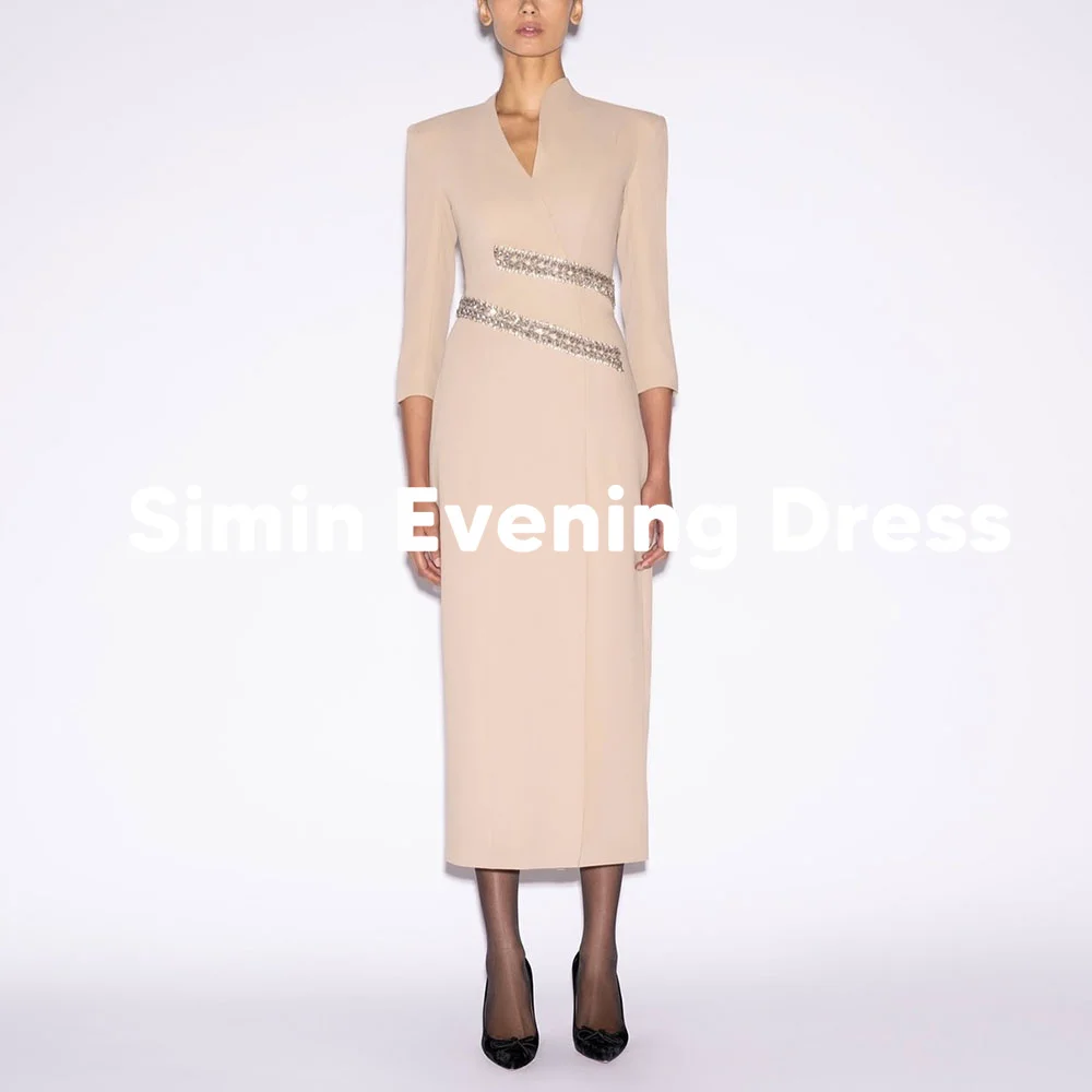 

Simin Women's Beaded V-neck Split Straight Saudi Evening Dresses With 3/4 Sleeves Tea-Length Formal Elegant Party Dresses 2025