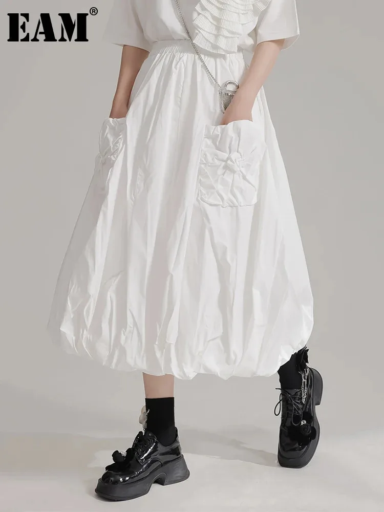 [EAM] High Elastic Waist White Pocket Pleated Midi A-line Half-body Skirt Women Fashion Tide New Spring Autumn 2024 1DH5211