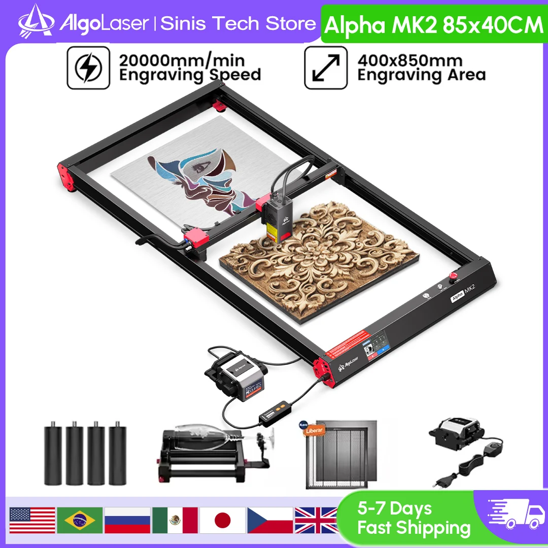 

2025 AlgoLaser Alpha MK2 22W 400X850MM Laser Engraving And Cutting Machine Cnc Desktop 20W Laser Engraver Rotary Roller Air Pump