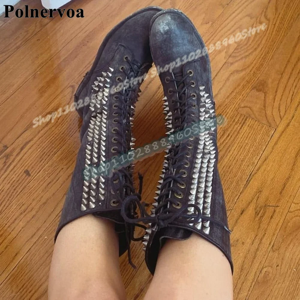 

Casual Mid Calf Black Cross Tied Rivets Knight Boots Flats Shoes For Women Side Zipper Round Toe Fashion 2026 Zapatos Para Mujer