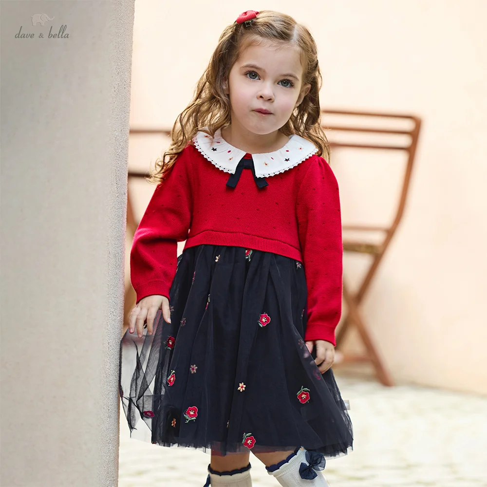 

Dave Bella Girls Sweater Dress Spring Summer Long Sleeves Baby Kids Cotton Mesh Skirt Cute Outerwear Children Clothing DB1260580
