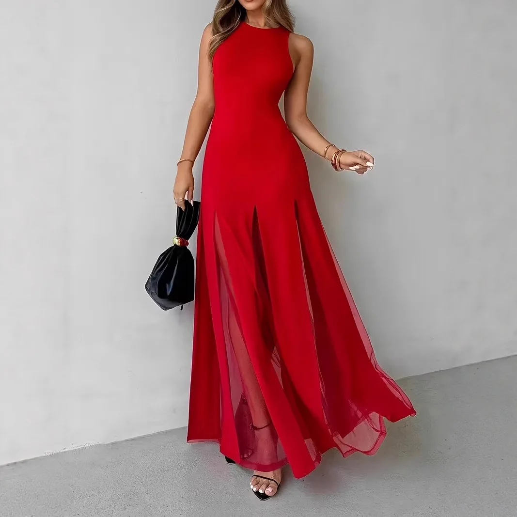 

2026 Summer New Product Beach Sleeveless Dress Hem Split Perspective Dress